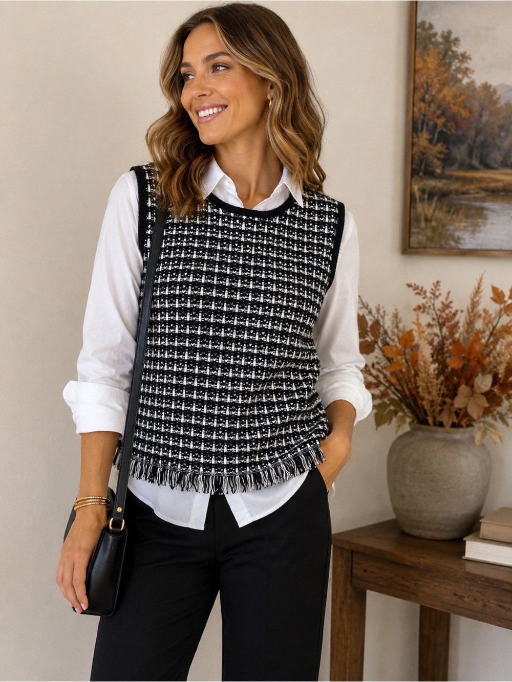 Ann Taylor Black & White Bouclé Knit Sweater Vest – Size S